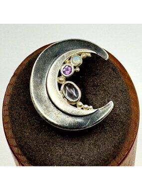 VTG Sterling Silver 925 Multi-Gemstone Crescent Moon Brooch Size 1" Length